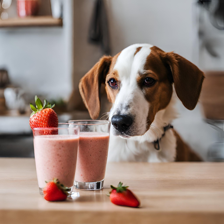 Dog with paws on counter looking at two strawberry banana smoothies